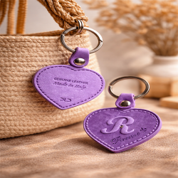 Vintage Style Italian Leather Keychain Heart Design Purple