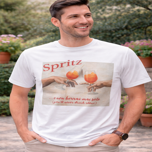 Man in spritz-themed T-shirt