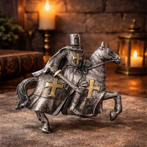 Medieval Crusader Knight on Horseback Statue