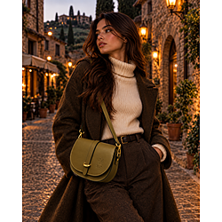 Borsa a tracolla in pelle verde oliva con patta