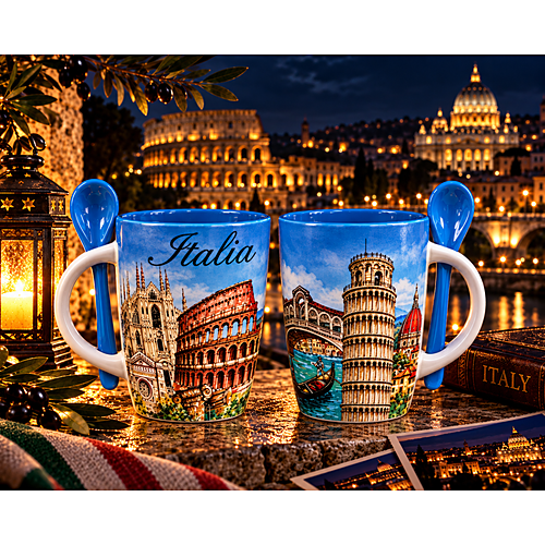 Set Tazza di Caffè con Cucchiaino Rappresentante i Monumenti Italiani