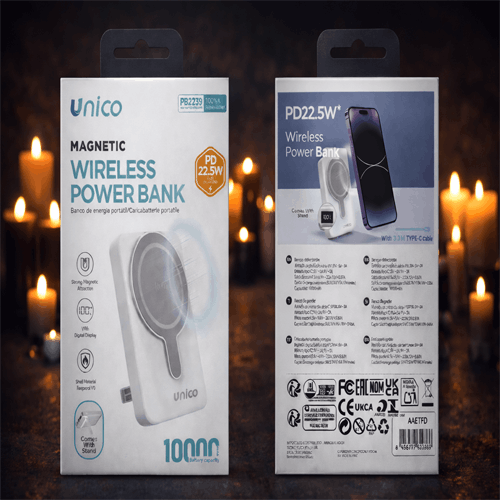 Ricarica veloce e senza fili con il power bank Unico da 10000mAh!